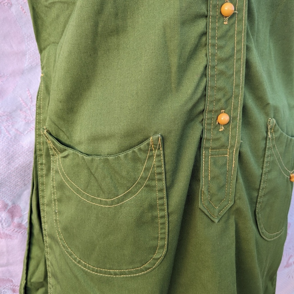 Vintage 60s 70s Mod Mini Dress M Olive Green Button Front Shift Twiggy Utility - Picture 3 of 14